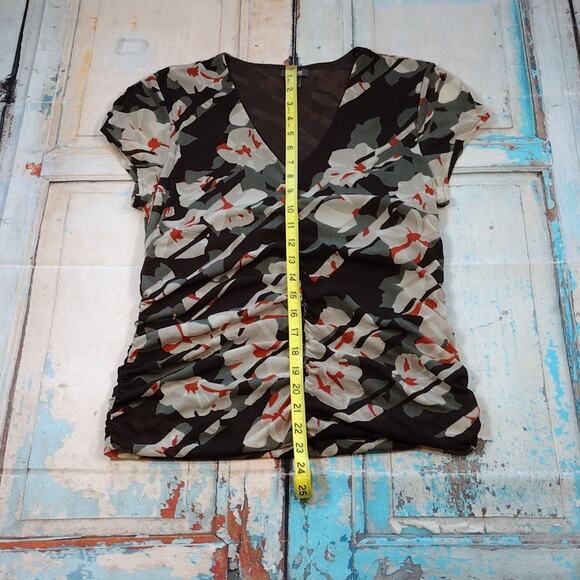 Kenneth Cole Reaction Brown Green Orange Floral Cinched Short Sleeve Sheer Shirt - Picture 8 of 12